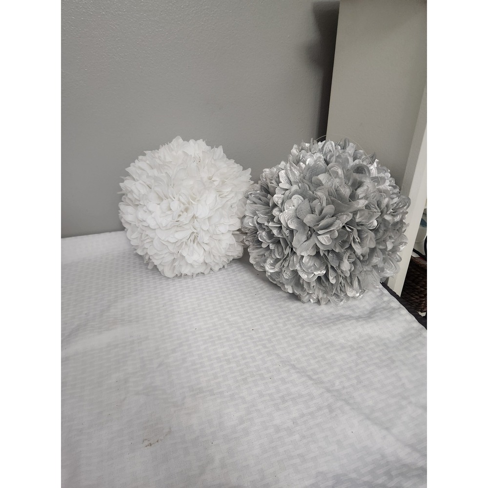 Set of 2 Decorative Pom Pom Spheres White and Silver Floral Petal Accents